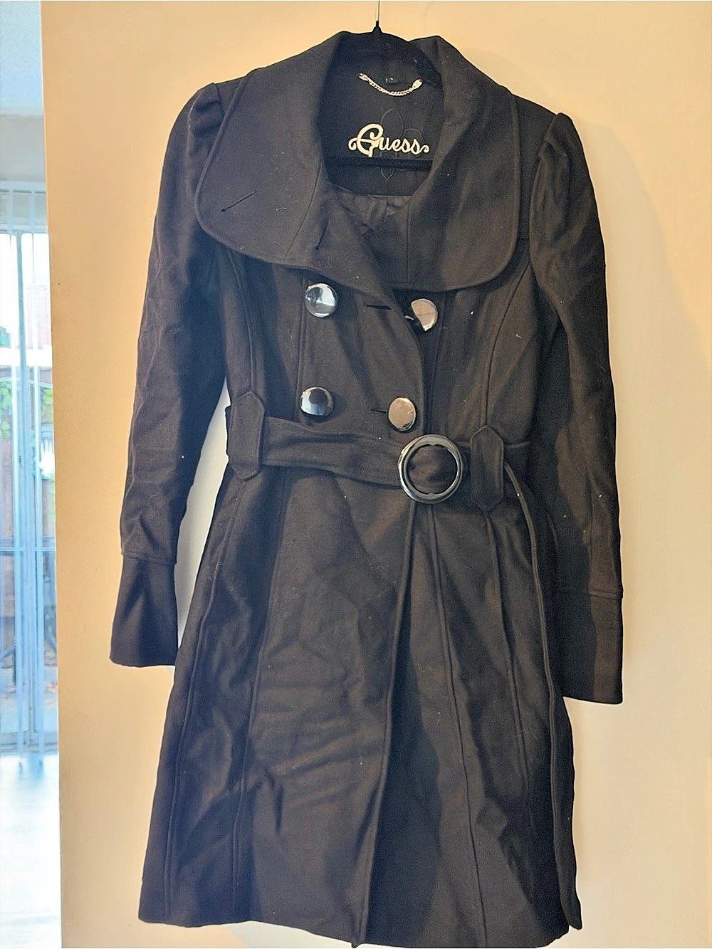 Guess Double-Breasted Belted Wool Blend Coat Black Small
